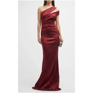 NWT Teri Jon One-Shoulder metallic Red Gown